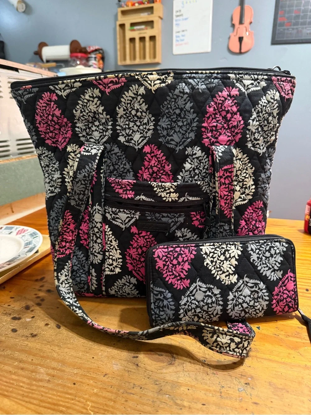 Vera Bradley Black Tote with Pink & Cream Leaf Medallion Print